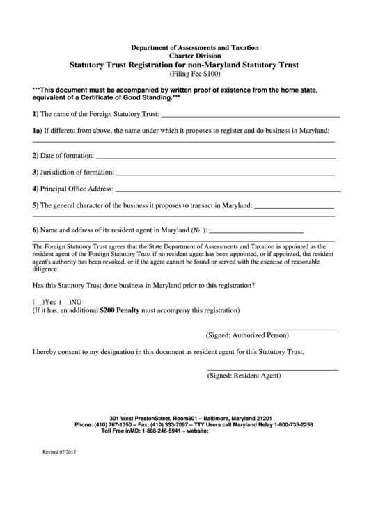 Fillable Statutory Trust Registration For Non-Maryland Statutory Trust Form - Department Of Assessments And Taxation Printable pdf