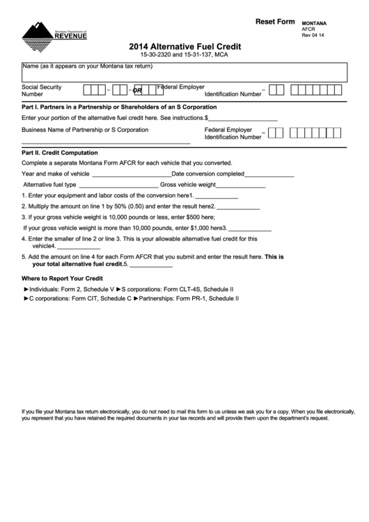 Fillable Montana Form Afcr - Alternative Fuel Credit - 2014 Printable pdf