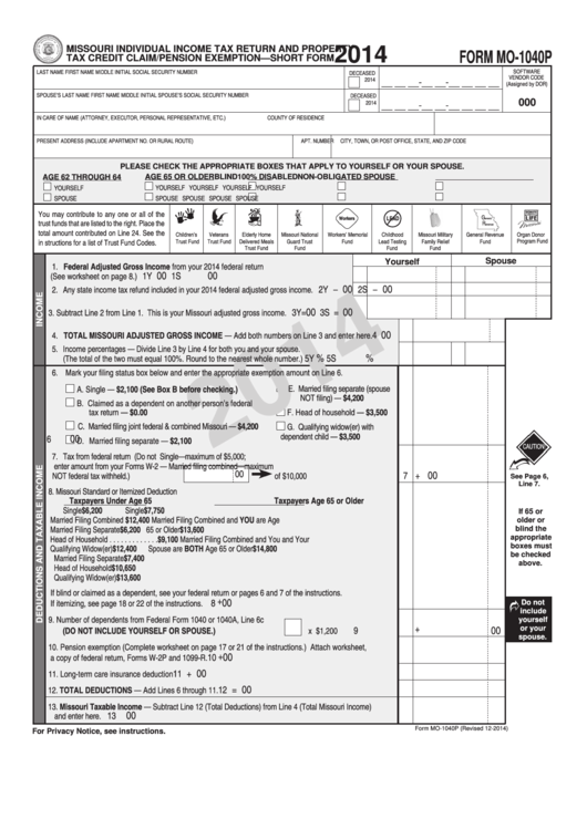 Form Mo-1040p - Individual Income Tax Return And Property Tax Credit Claim/pension Exemption - 2014 Printable pdf