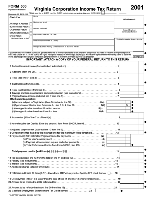Form 500 - Virginia Corporation Income Tax Return - 2001 Printable pdf