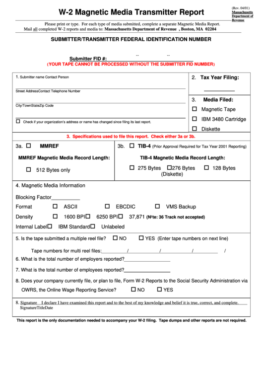 Form W-2 - Submitter/transmitter Federal Identification Number Printable pdf