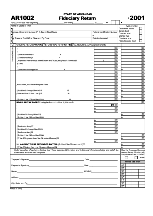 Form Ar1002 - Fiduciary Return - 2001 Printable pdf