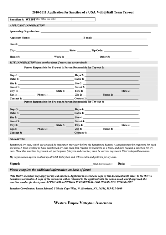 Application For Sanction Of A Usa Volleyball Team Try-out Template