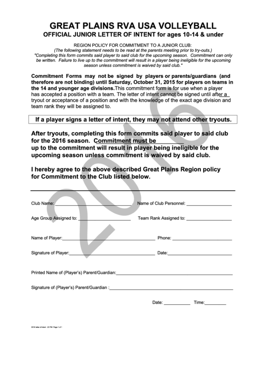 Volleyball Official Junior Letter Of Intent Template Printable pdf