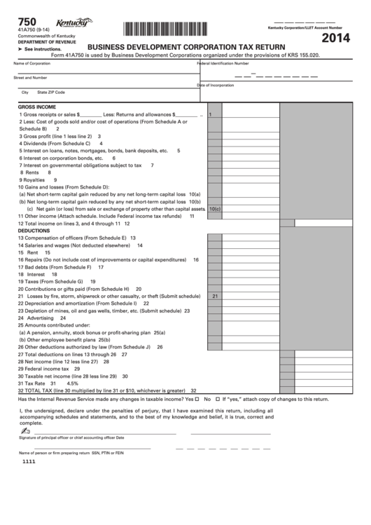 Fillable Form 41a750 - Business Development Corporation Tax Return - 2014 Printable pdf