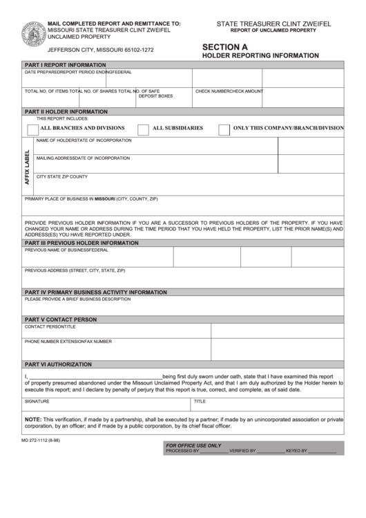 Fillable Section A Holder Reporting Information - Missouri State Treasurer Printable pdf