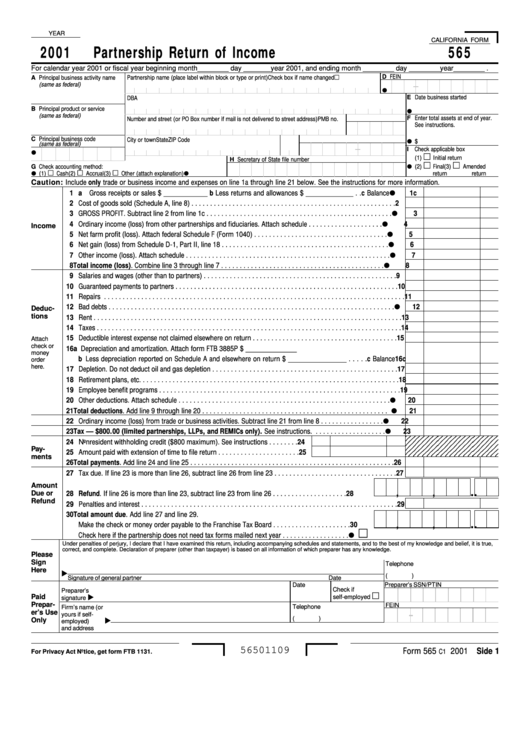 California Form 565 - Partnership Return Of Income - 2001 Printable pdf