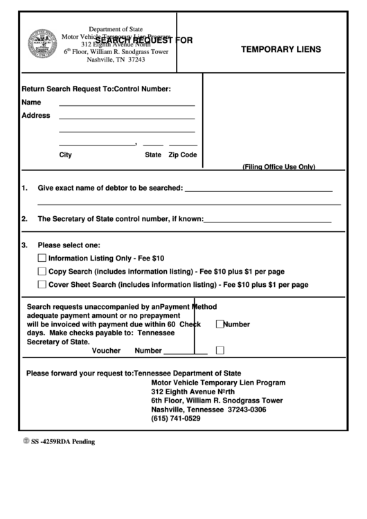 Fillable Form Ss -4259 - Search Request For Temporary Liens Printable pdf