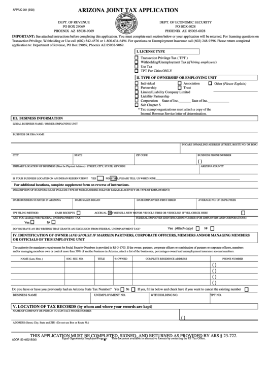 Fillable Form App/uc-001 - Arizona Joint Tax Application - 2000 Printable pdf