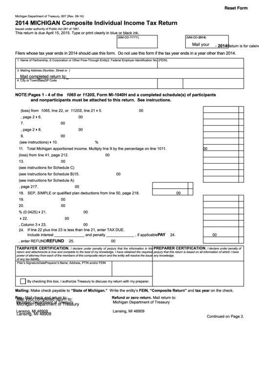 Fillable Form 807 - Michigan Composite Individual Income Tax Return ...