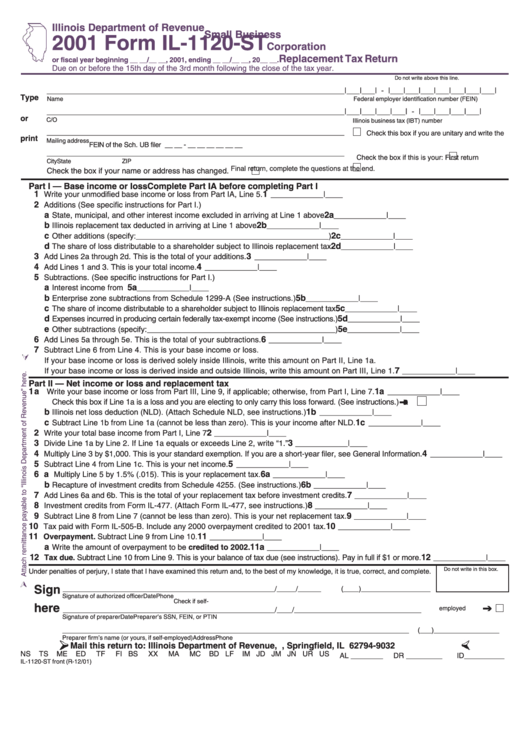 Form Il-1120-St - Small Business Corporation Replacement Tax Return - 2001 Printable pdf