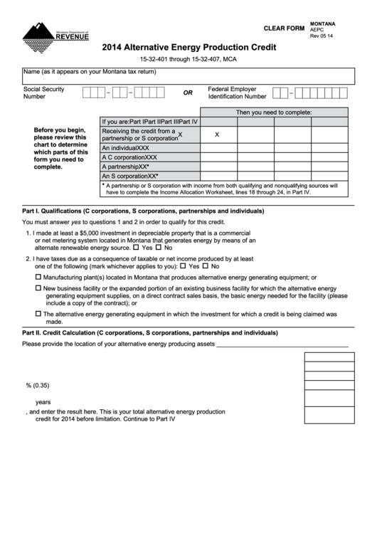 Fillable Montana Form Aepc - Alternative Energy Production Credit - 2014 Printable pdf