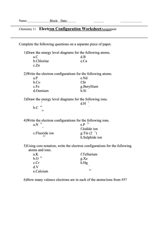Electron Configuration Worksheet - Sardis Secondary Printable pdf