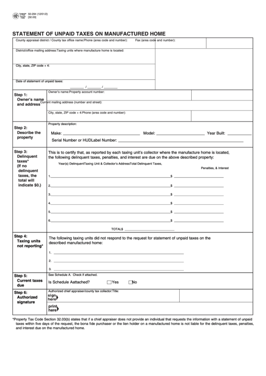 Form 50-294 - Statement Of Unpaid Taxes On Manufactured Home Printable pdf