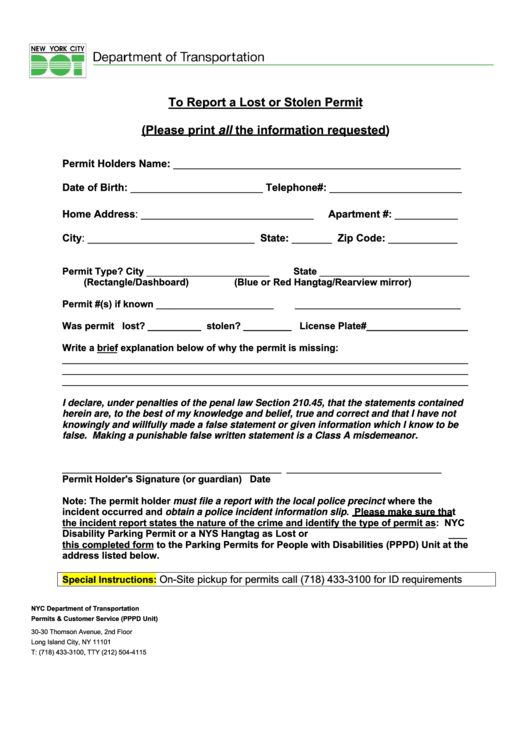 Fillable To Report A Lost Or Stolen Permit Form Printable pdf