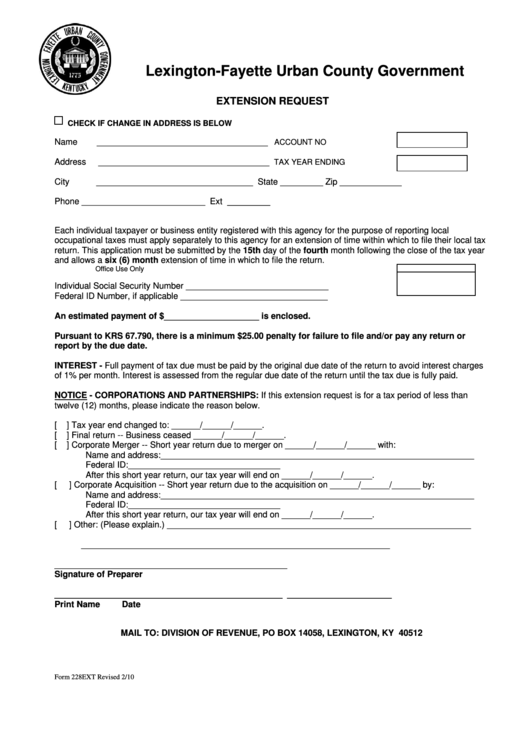 Form 228ext - Extension Request - Lexington-Fayette Urban County Government Printable pdf