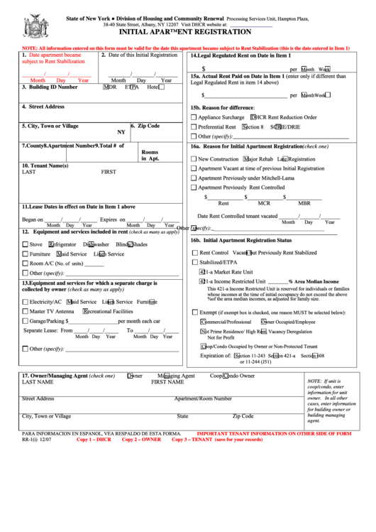 Form Rr-1 - Initial Apartment Registration Printable pdf