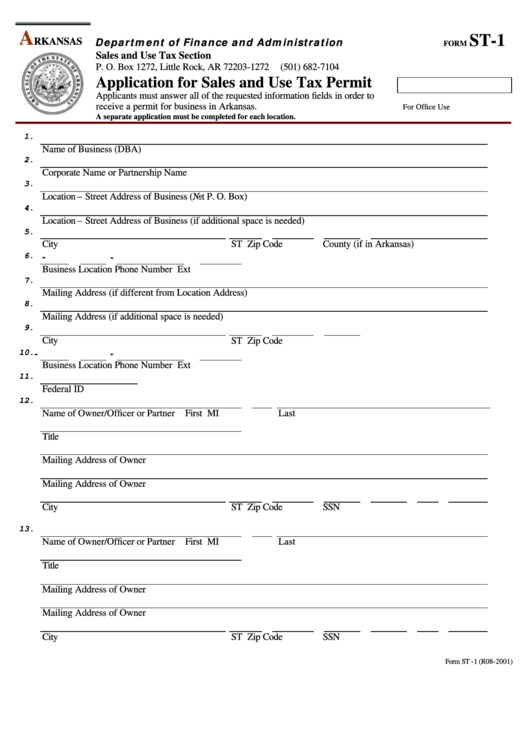 Form St-1 - Application For Sales And Use Tax Permit - 2001 Printable pdf