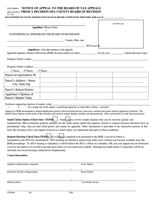 Fillable Dte Form 4 - Notice Of Appeal To The Board Of Tax Appeals Printable pdf