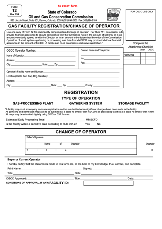 Fillable Form 12 - Gas Facility Registration/change Of Operator Printable pdf