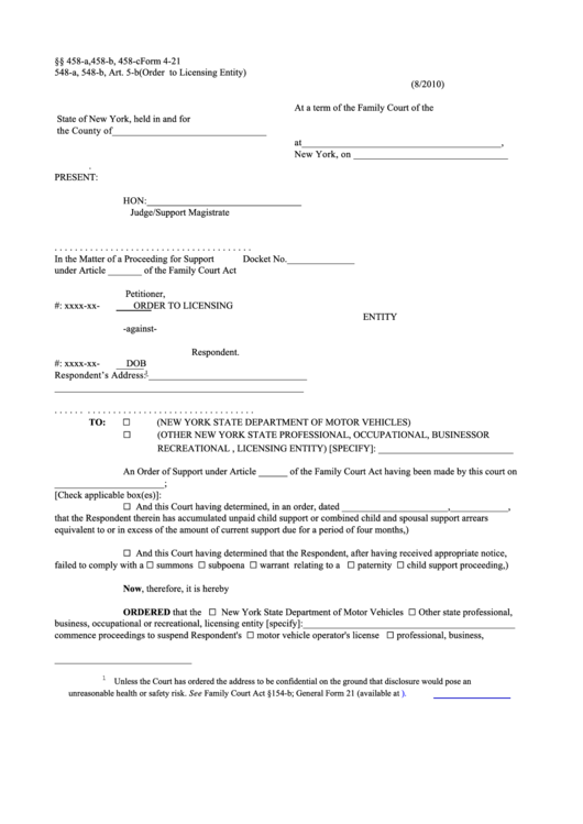 Form 4-21 - Order To Licensing Entity Printable pdf