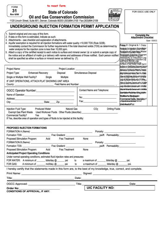 Fillable Form 31 - Underground Injection Formation Permit Application Printable pdf