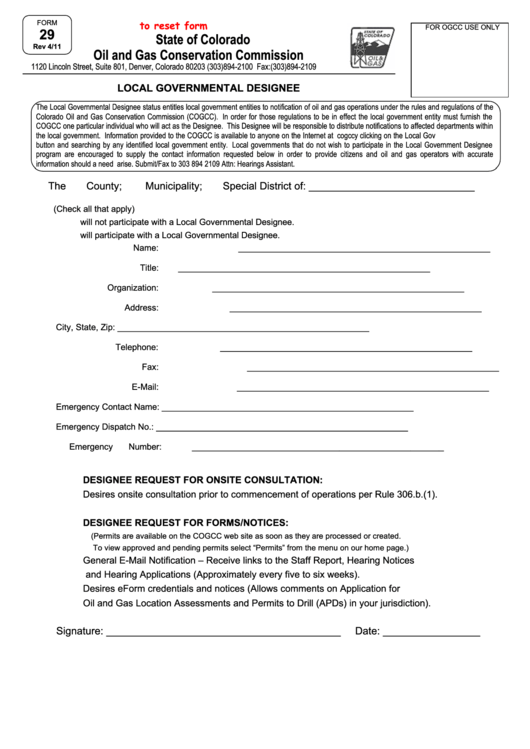 Fillable Form 29 - Local Governmental Designee Printable pdf