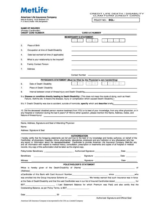 Fillable Credit Life Death / Disability Claim Form (Credit Card) Printable pdf