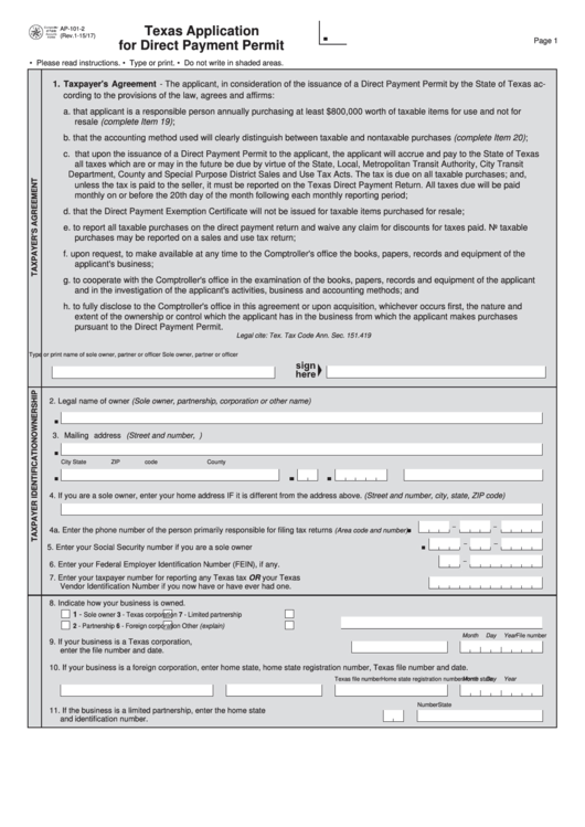 Fillable Form Ap-101-2 - Application For Direct Payment Permit Form - 2017 Printable pdf