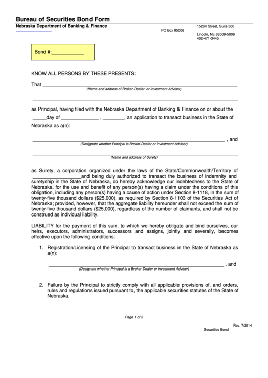 Fillable Bureau Of Securities Bond Form Printable pdf