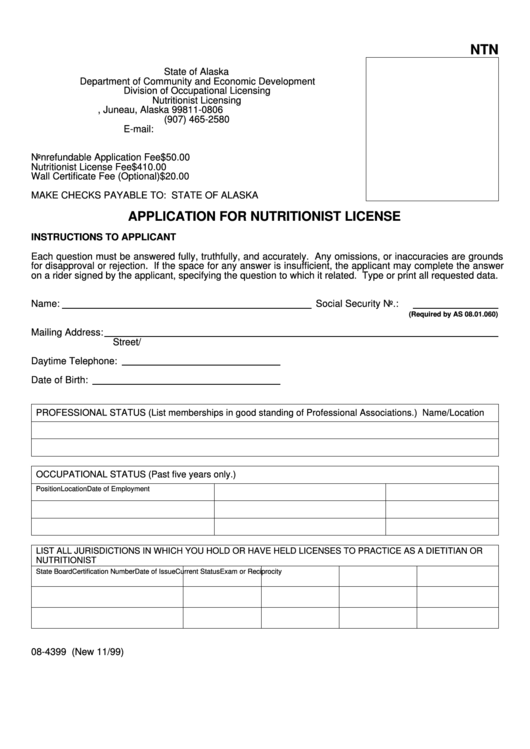 Form 08-4399 - Application For Nutritionist License Printable pdf