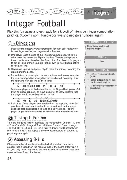 Integer Football - Algebra Readiness Scholastic Template Printable pdf