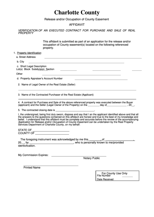 Release And/or Occupation Of County Easement - Affidavit Form Printable pdf