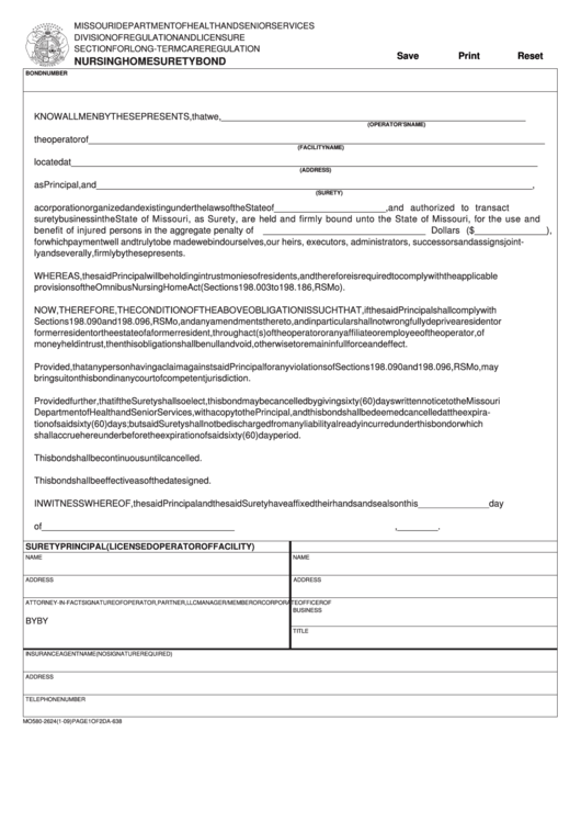 Fillable Form Mo 580-2624 - Nursing Home Surety Bond Printable pdf
