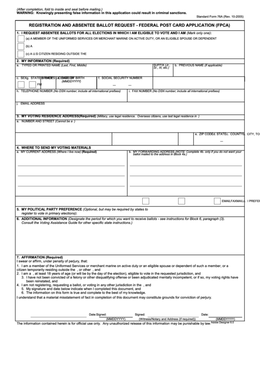 Fillable Form 76a - Registration And Absentee Ballot Request - Federal Post Card Application (Fpca) Printable pdf