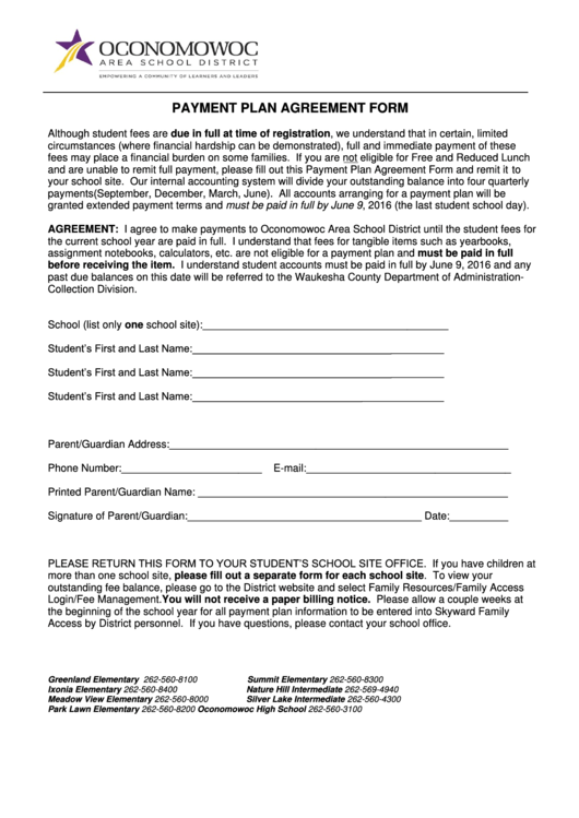 Payment Plan Agreement Form - Oconomowoc Area School District Printable pdf