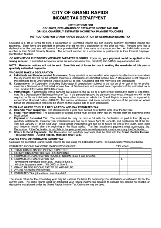 Instructions For Grand Rapids Declaration Of Estimated Income Tax/form Gr-1124/form Gr-1040es Printable pdf
