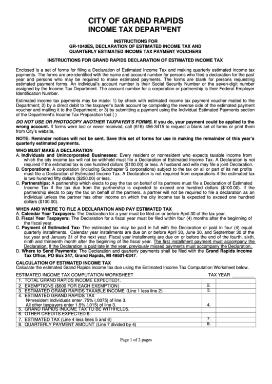 Form Gr-1040es - Instructions For Grand Rapids Declaration Of Estimated Income Tax - 2011 Printable pdf