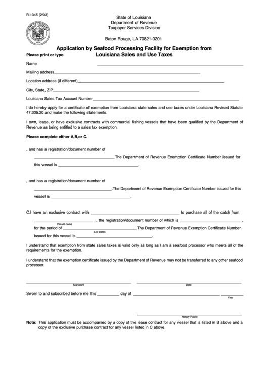 Form R-1345 - Application Form By Seafood Processing Facility For Exemption From Louisiana Sales And Use Taxes - Taxpayer Services Division Of Department Of Revenue Of State Of Louisiana Printable pdf