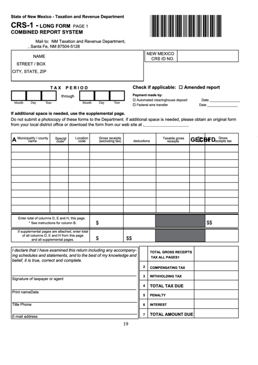 Form Crs-1 - Long Form - Combined Report System Printable pdf