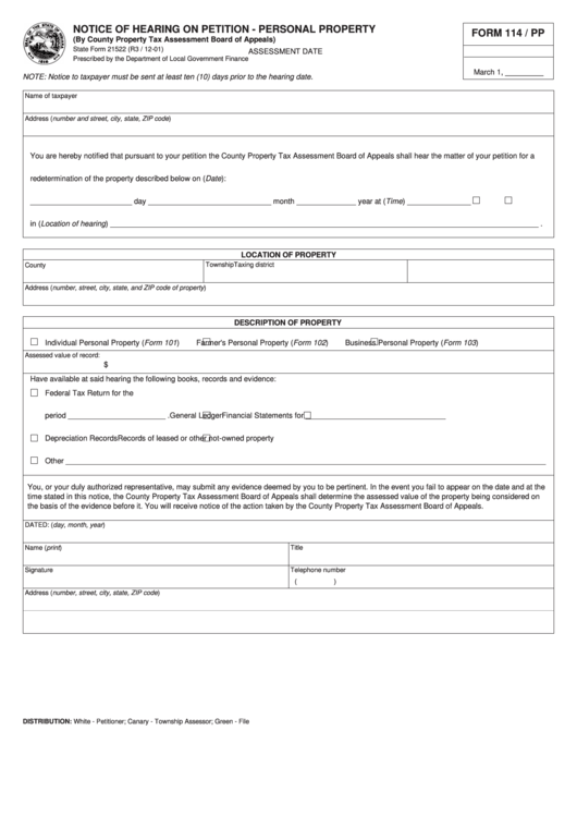 Form 114 - Notice Of Hearing On Petition - Personal Property Printable pdf