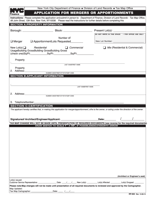 Form Rp-602 - Application For Mergers Or Apportionments Form Printable pdf