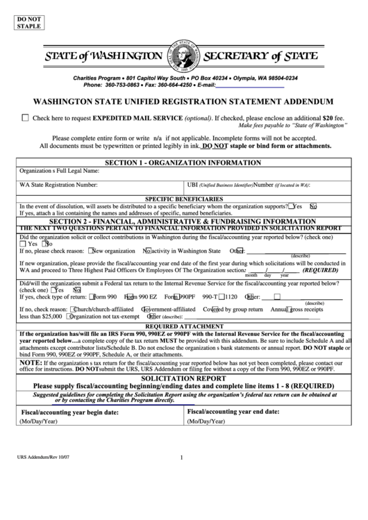 Washington State Unified Registration Statement Addendum Form Printable pdf