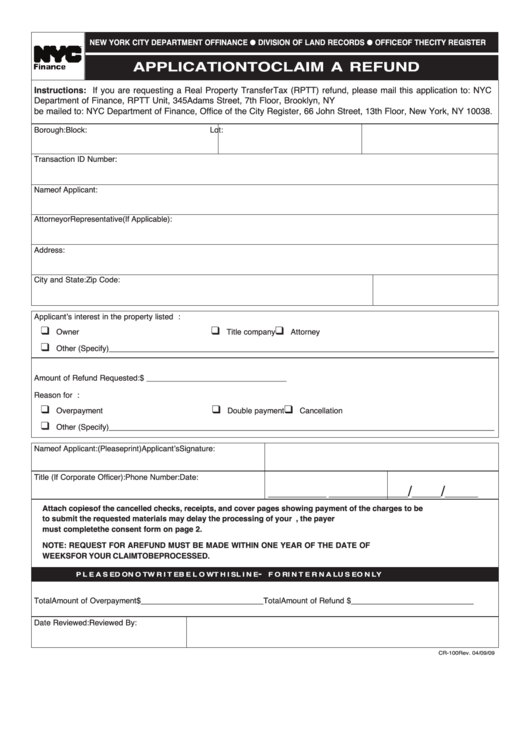 Form Cr-100 - Application To Claim A Refund Printable pdf