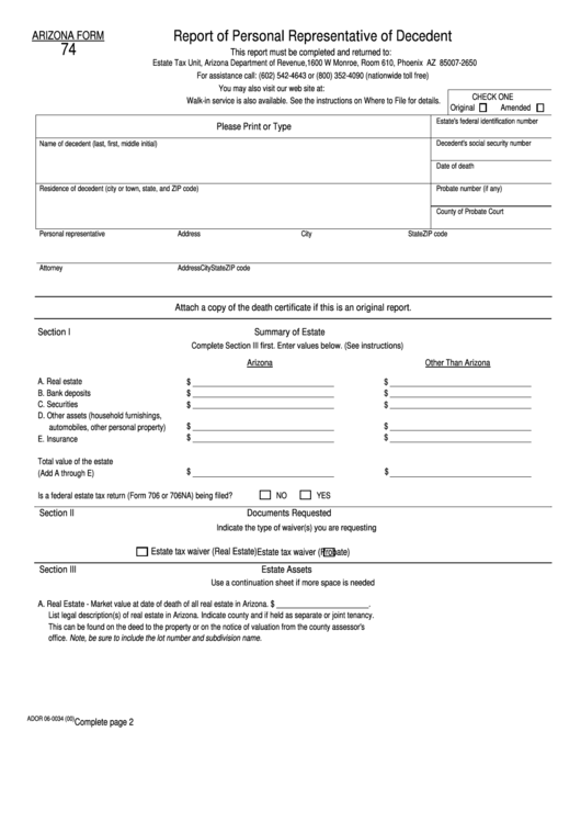 Form 74 - Report Of Personal Representative Of Decedent Printable pdf