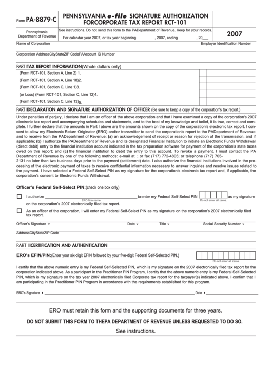 Form Pa-8879-C - Pennsylvania E-File Signature Authorization For Corporate Tax Report Rct-101 (2007) Printable pdf