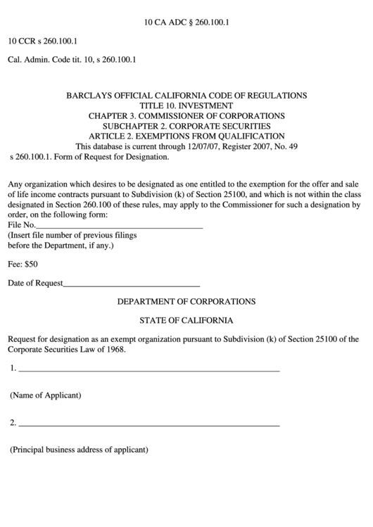 Barclays Official California Code Of Regulations Form - Department Of Corporations Of State Of California Printable pdf