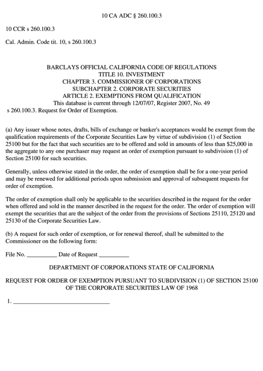 Form 260.100.3 - Barclays Official California Code Of Regulations Form - Department Of Corporations Of State Of California Printable pdf