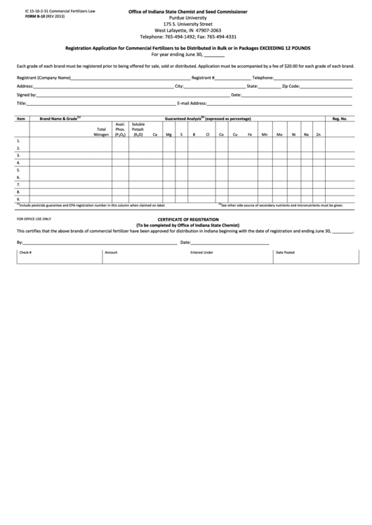 Form B-10 - Registration Application For Commercial Fertilizers To Be Distributed In Bulk Or In Packages Exceeding 12 Pounds - Office Of Indiana State Chemist - Purdue University Printable pdf