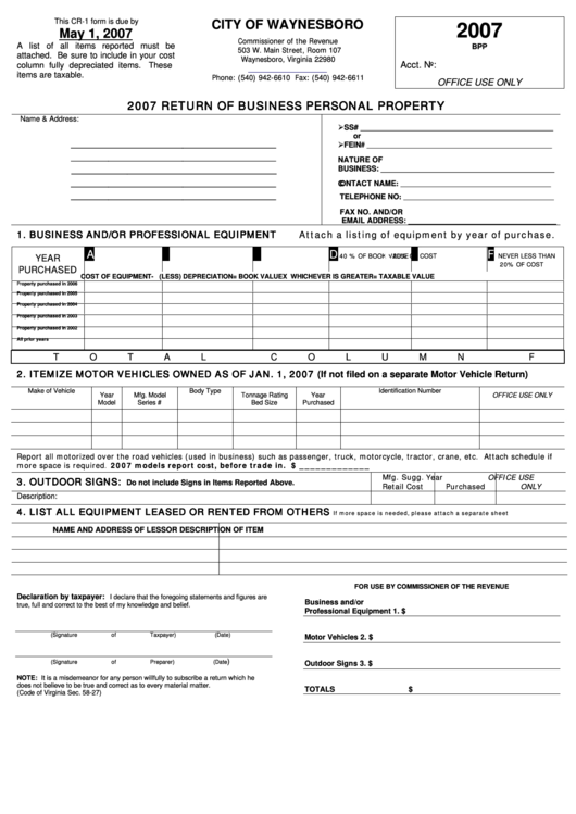 Form Cr-1 - Return Of Business Personal Property - Waynesboro Commissioner Of The Revenue - 2007 Printable pdf